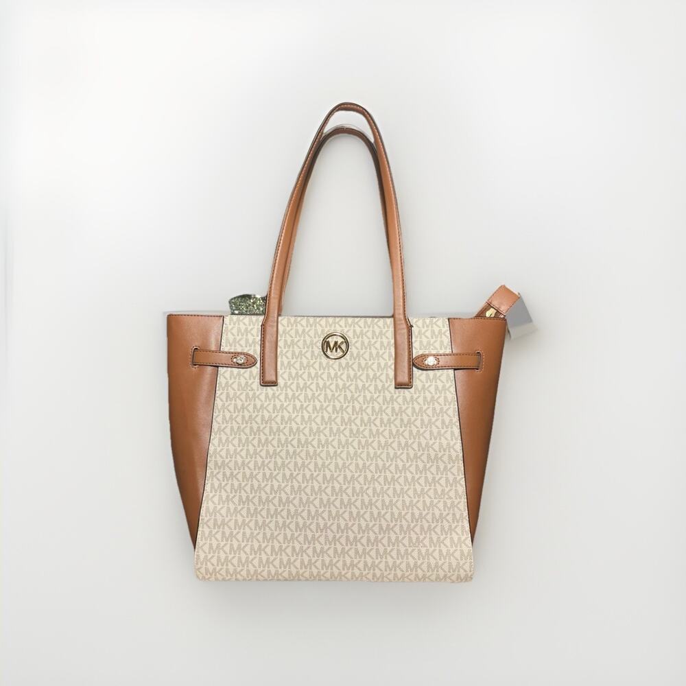 Michael Kors Carmen Large Tote Bag Vanilla Acorn MK Logo Leather Shoulder Bag